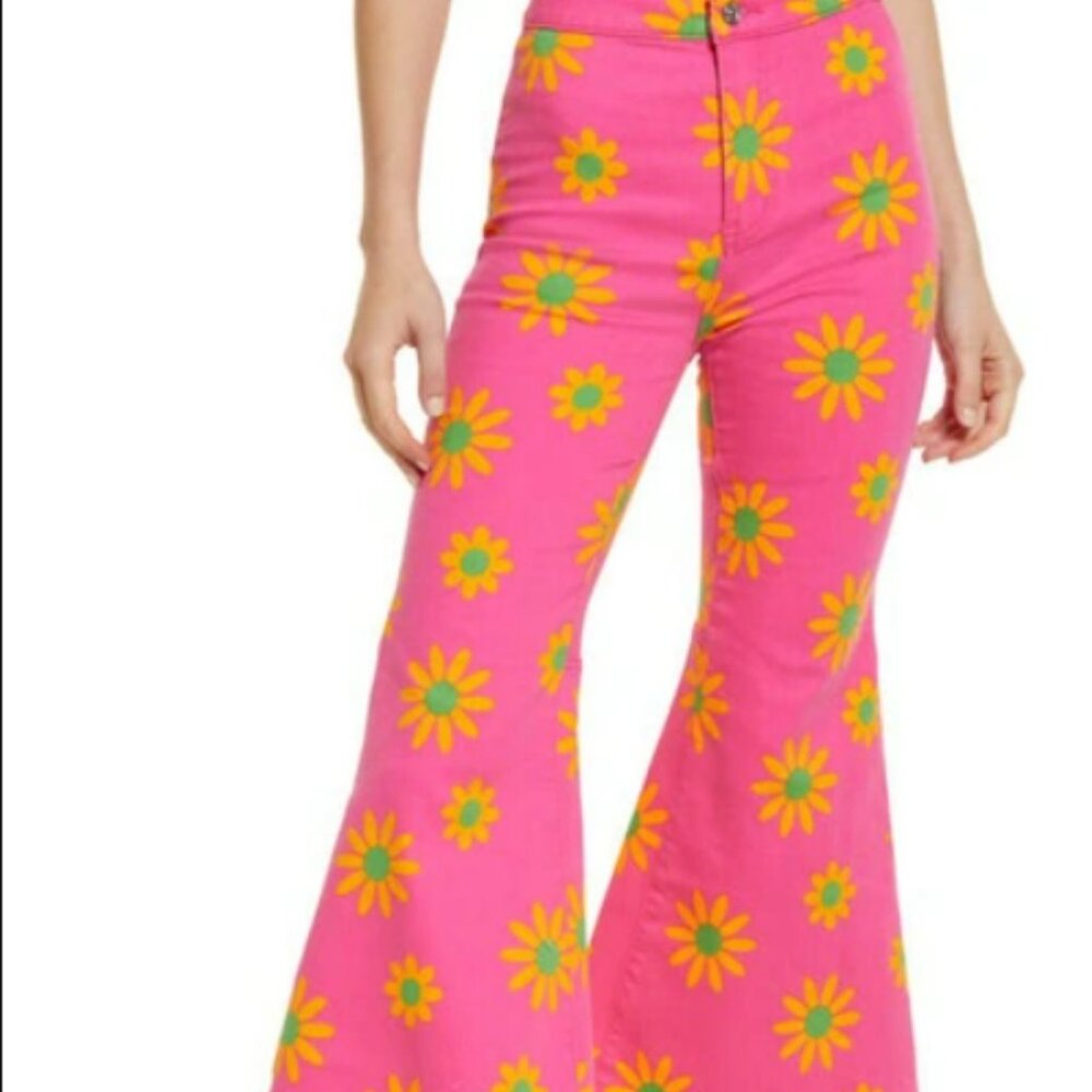 Free People Youthquake Printed Hi-Rise Crop Flare Jeans Lipstick Combo Pink -NWT